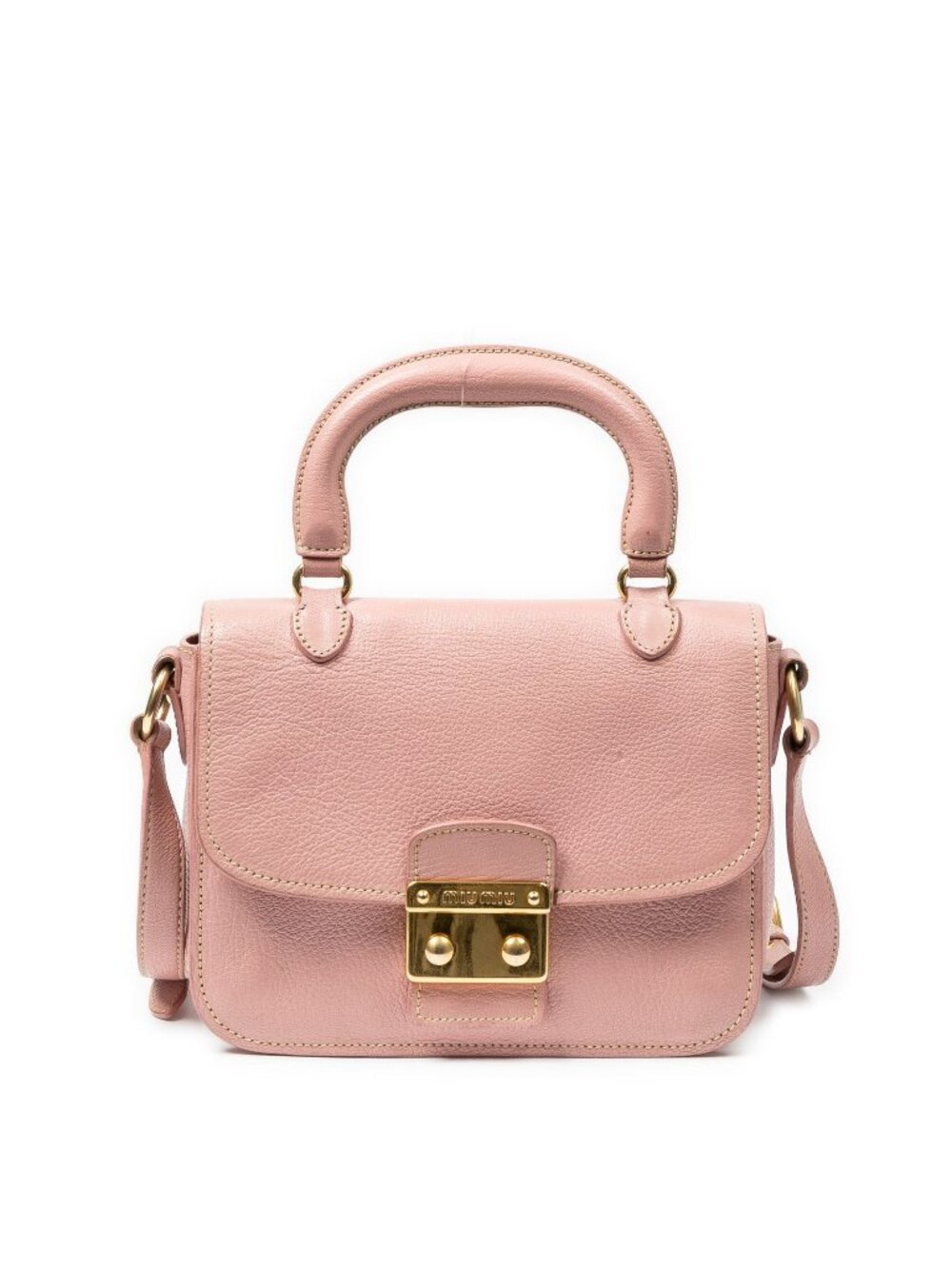 Miu Miu Mini Push Lock Top Handle Cross Belt Bag Pink Madras Leather